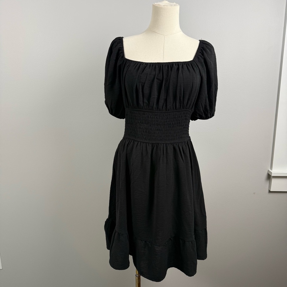 Hesperus Black Milkmaid Mini Dress L Smocked Open Back Puff Sleeve